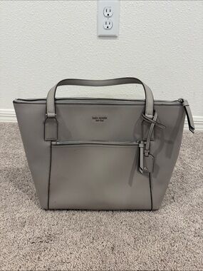 kate spade gray leather tote with front zip pocket